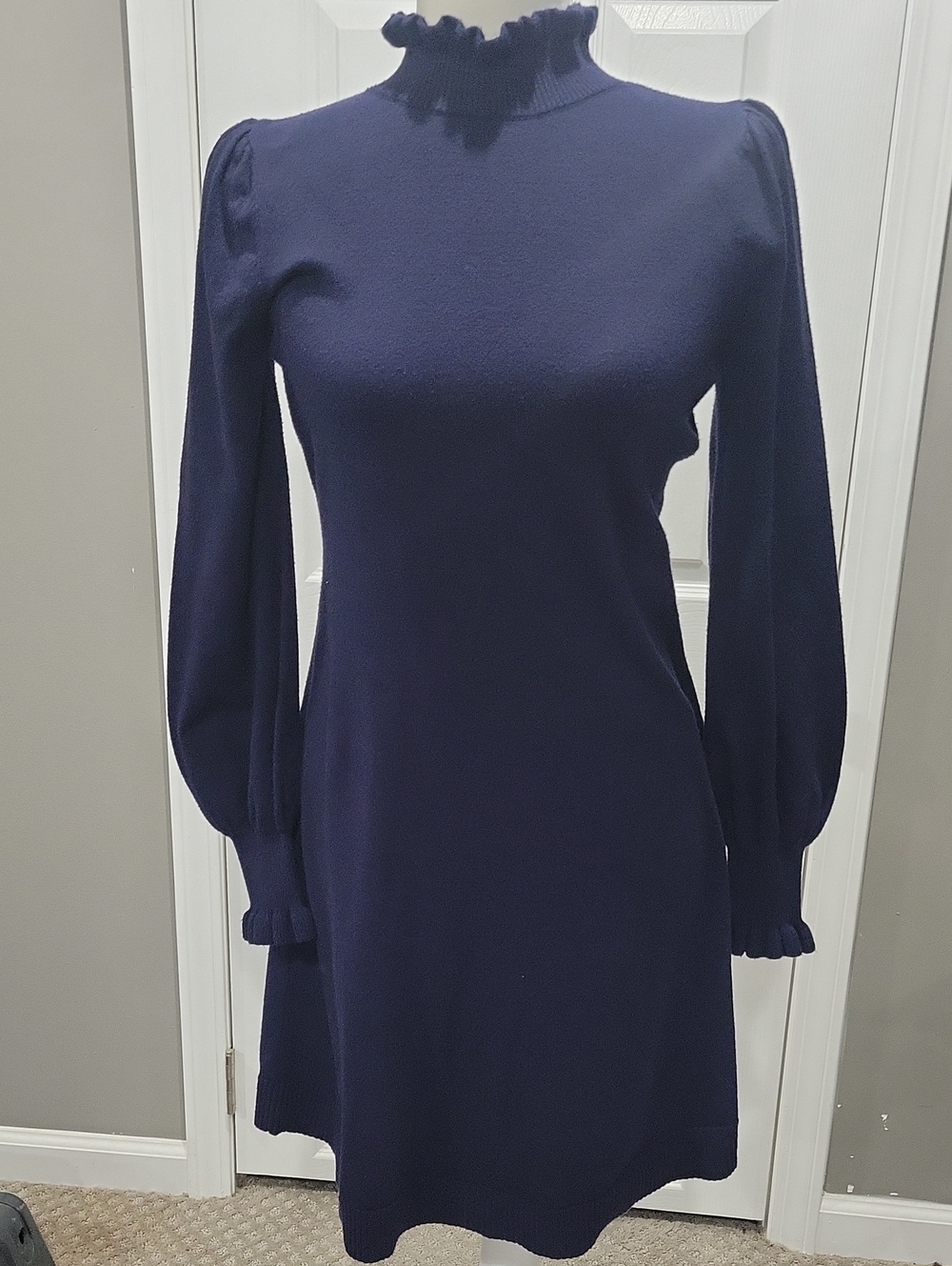CeCe Navy Ruffle Mock Neck Long Sleeve Dress